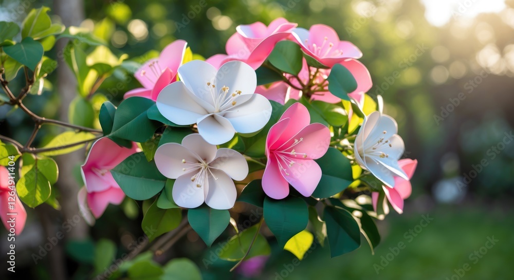 Poster colorful artificial flowers in bloom with green leaves in a natural setting during golden hour sunli