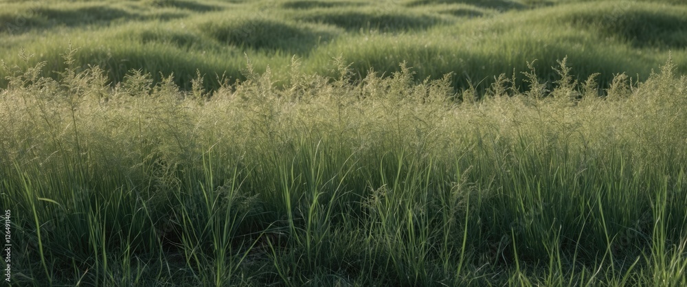 Poster lush green grass field with gentle waves and sunlight creating a soft glow during golden hour copy s
