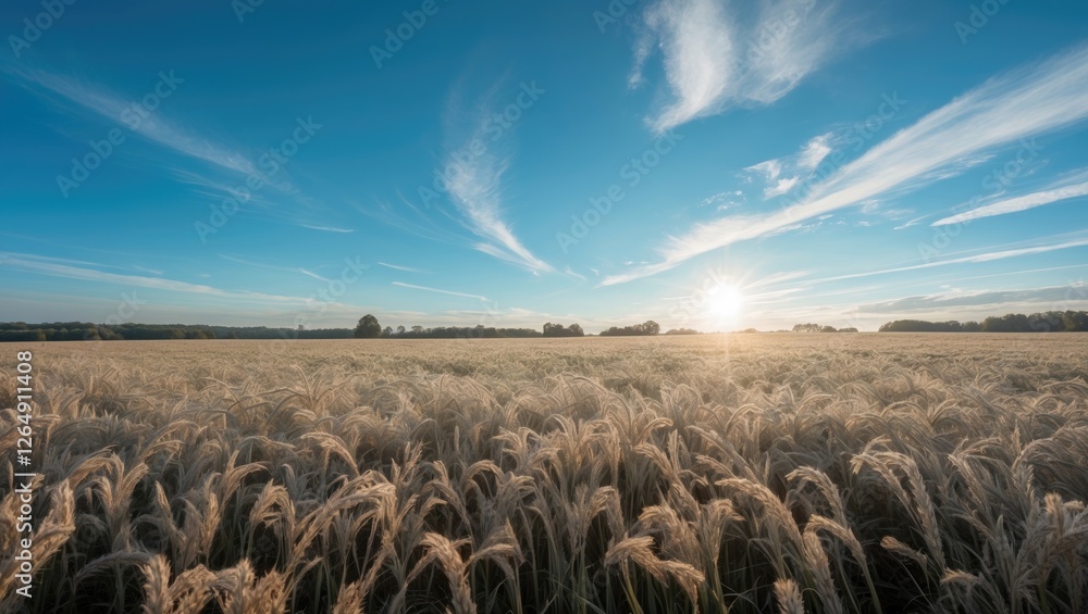 Poster golden wheat field under a blue sky with wispy clouds and a setting sun in the background, spacious 