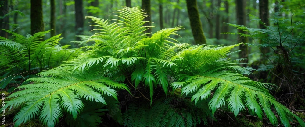 Poster lush green ferns in a dense forest setting with soft natural light and blurred background providing 