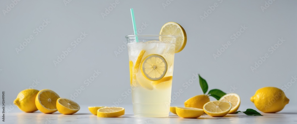 Poster refreshing lemonade with ice in a clear cup garnished with lemon slices surrounded by whole and slic