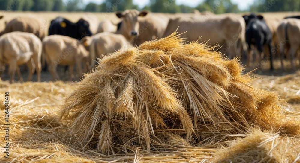 Poster haystack in foreground with grazing cows in a sunny rural landscape with blurred background and ampl