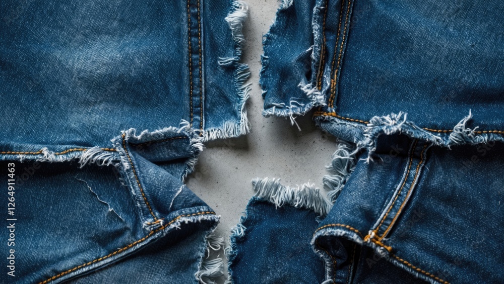 Poster Torn denim fabric close up showing frayed edges and ripped sections suitable for textile design or fashion concepts