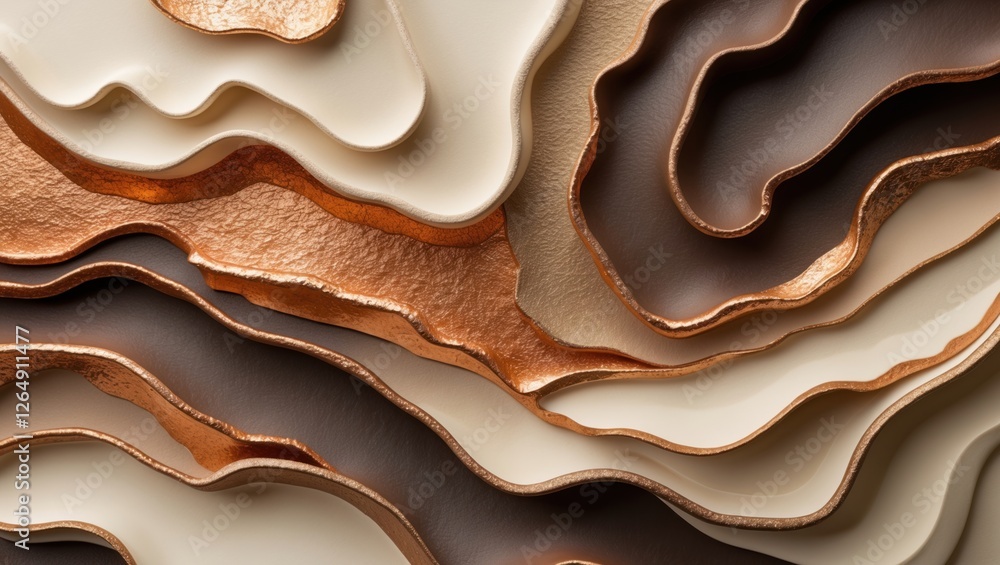 Poster abstract textured layers of beige, brown and metallic copper color with varying shapes and shadows, 