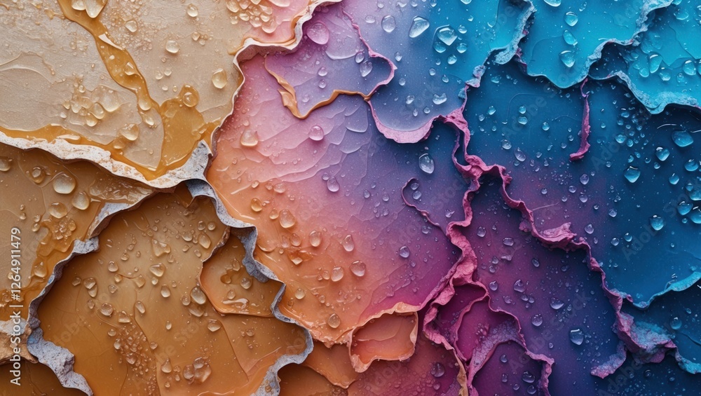 Aufkleber Colorful layered paint texture with droplets of water, abstract design, high-resolution image with copy space for text.