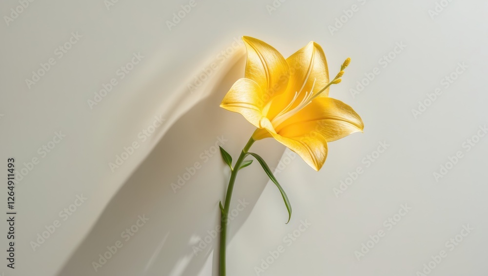 Poster yellow flower with green stem casting shadow on white background featuring ample copy space for text