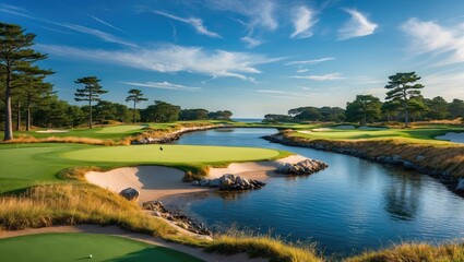 Tranquil golf course landscape with winding river and blue sky, lush greenery, and rocky features, ideal for outdoor sports imagery, Copy Space