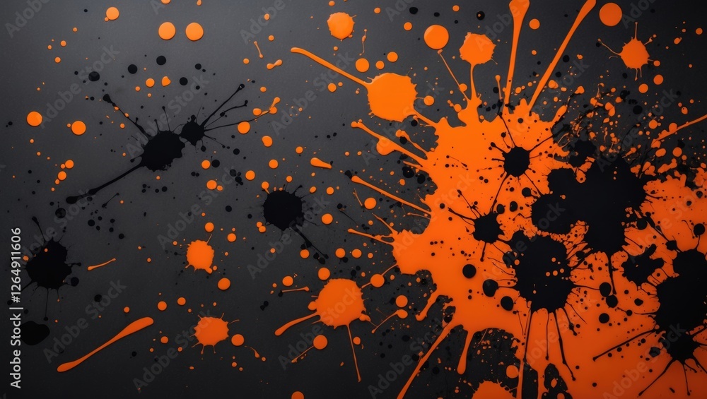 Aufkleber Abstract orange and black paint splatters on dark background with various shapes and sizes showcasing creative expression and texture Copy Space