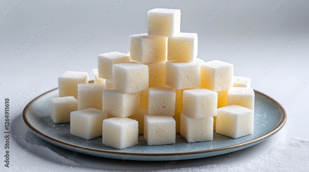 Poster pyramid of white sugar cubes arranged on a teal plate with a soft focus background and scattered sug