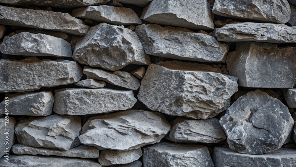 Aufkleber Textured wall of stacked grey stones demonstrating rustic natural material and solid construction with visible crevices and variations in shape. Copy Space