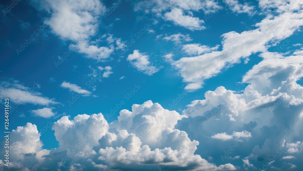 Poster fluffy white clouds against a bright blue sky with scattered cloud formations and ample copy space f