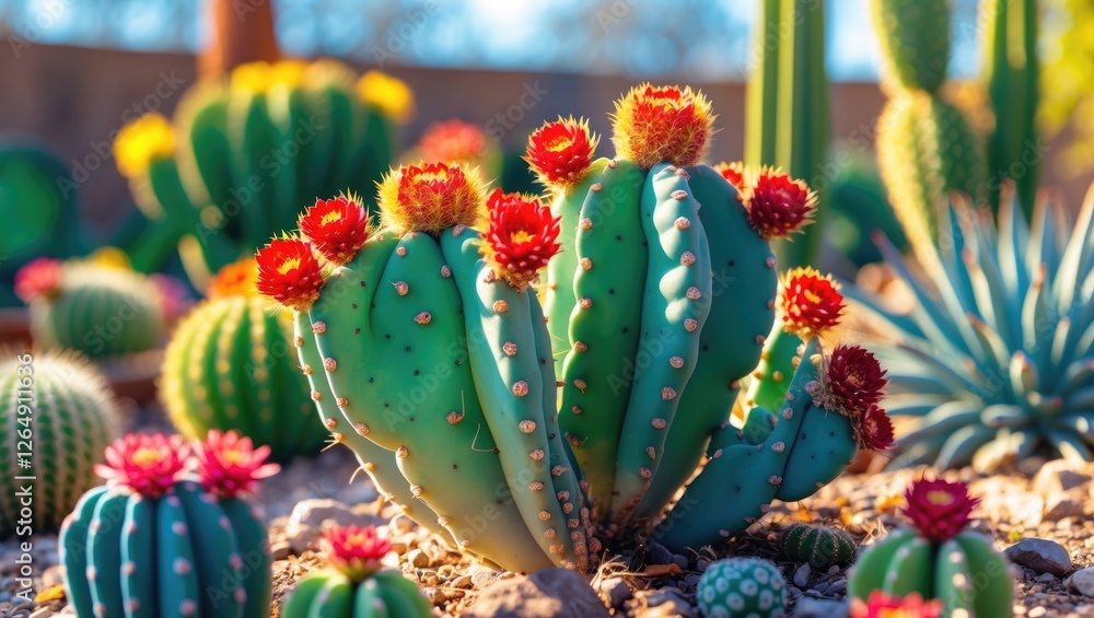 Poster cacti with vibrant red flowers in a desert garden setting under bright sunlight with various other s