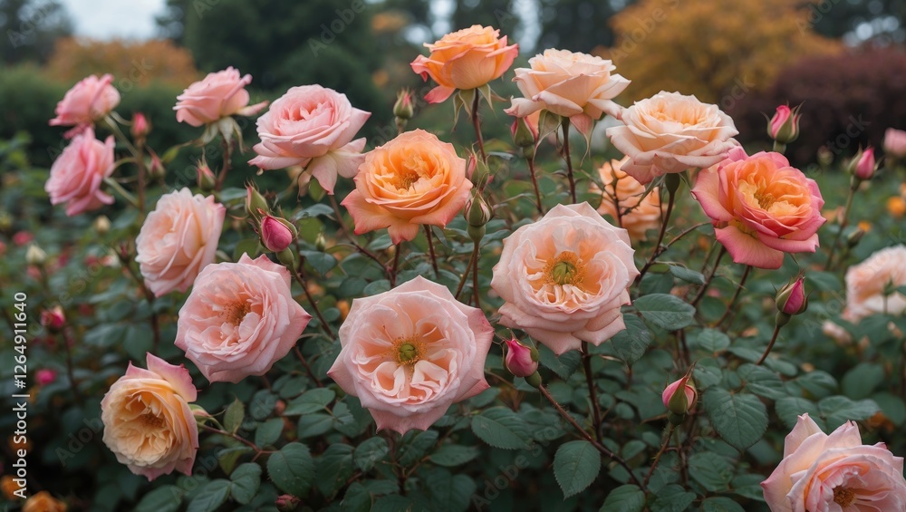 Poster pink and peach roses in full bloom on a bush with green leaves and blurred background showing soft a