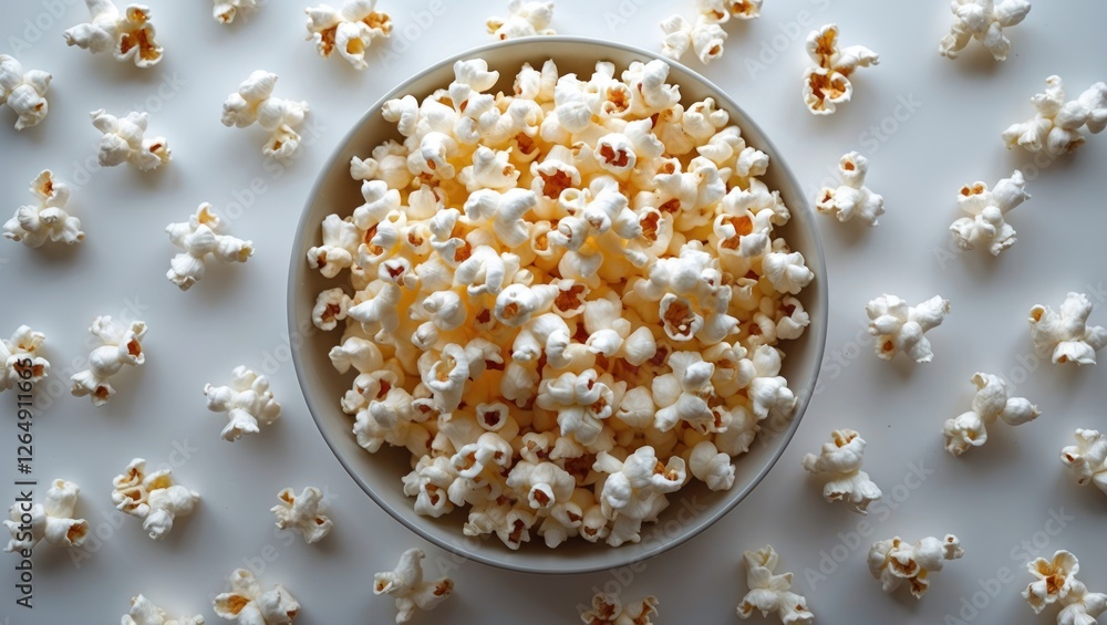 Poster bowl of freshly popped popcorn surrounded by scattered popcorn kernels on a white surface with ample