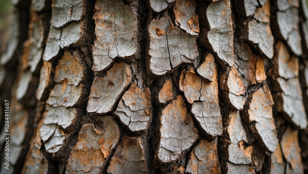 Aufkleber Close-up detailed view of textured tree bark showing natural patterns and colors with rough cracks and orange highlights Copy Space