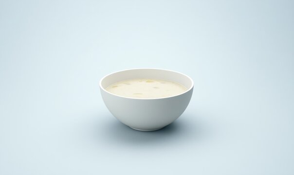 Creamy clam chowder served in a smooth white bowl against a soft blue background