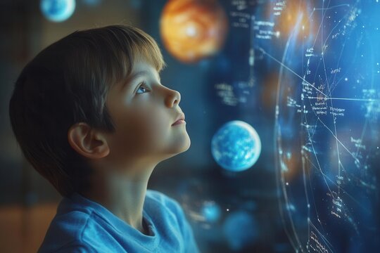 young student gazing dreamily at holographic solar system display, surrounded by floating mathematical equations and cosmic imagery