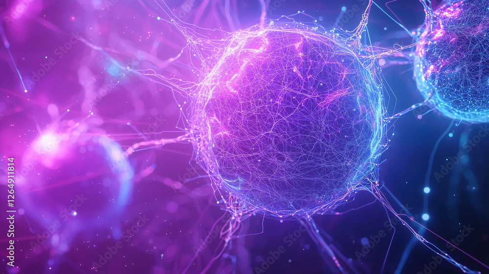 Poster microscopic view of interconnected neurons, glowing pink and purple. synaptic connections and neural
