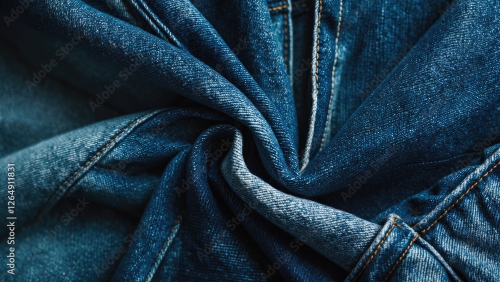 Poster Close-up of denim fabric with intricate folds and textures providing a detailed view of the material's weave and color variations Copy Space
