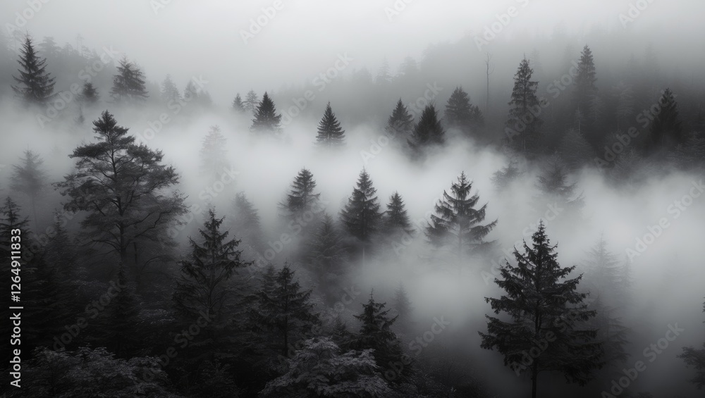 Poster Misty forest landscape with dense trees and fog creating an atmospheric scene with copy space for text