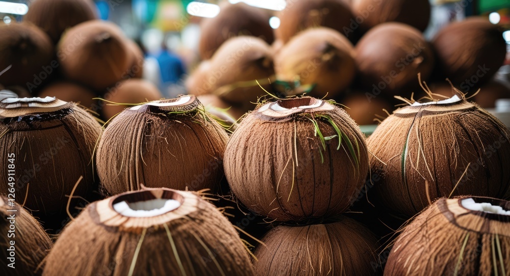 Aufkleber Freshly harvested coconuts displayed in a market setting with a focus on their textured shells and cut openings. Copy Space.