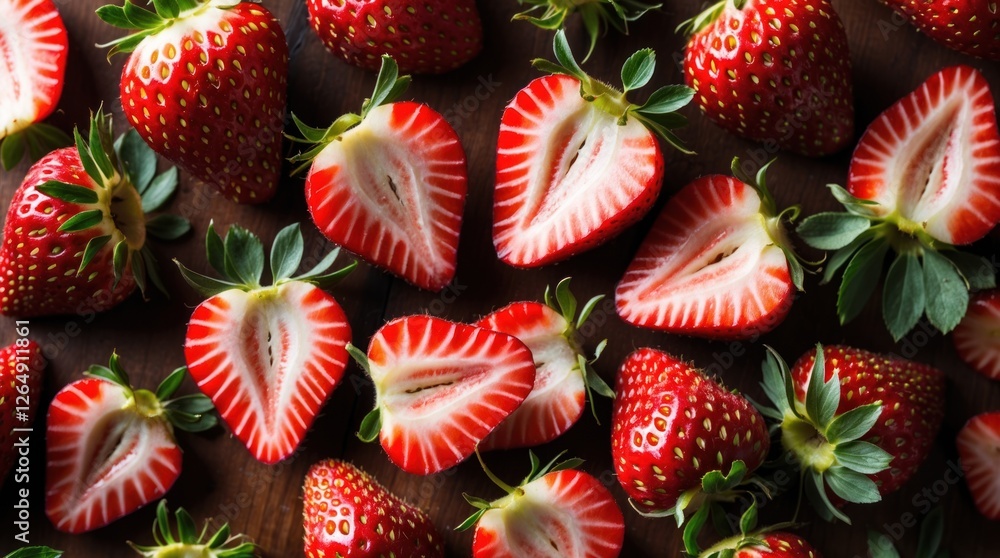 Poster fresh and sliced strawberries on wooden table top view with vibrant colors and copy space