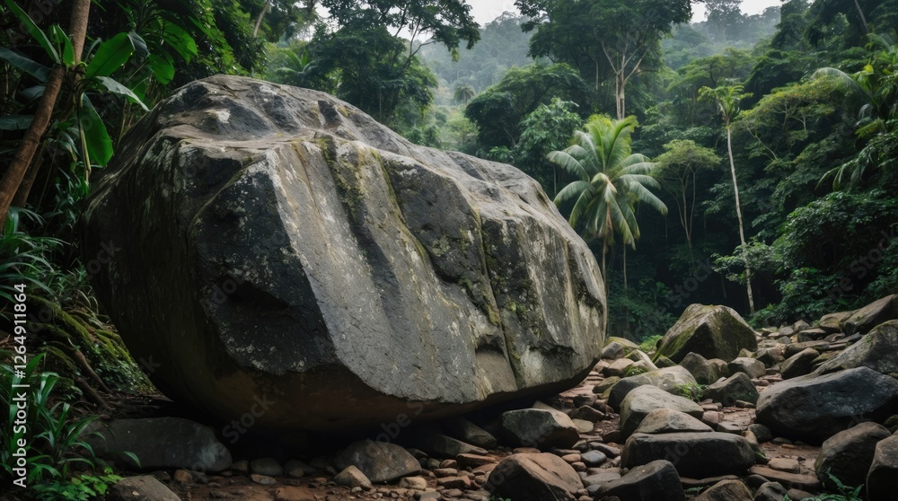 Poster large moss-covered boulder in a tropical rainforest with lush green foliage and rocky terrain in a s