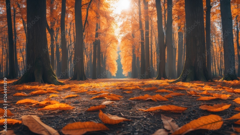 Poster autumn forest pathway with vibrant orange leaves on the ground and sunlight filtering through tall t