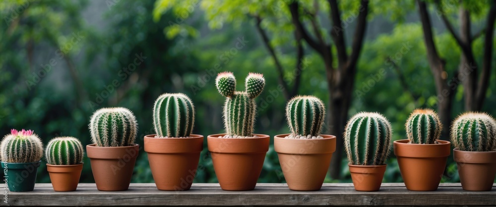 Poster row of various potted cacti on wooden table with blurred greenery in background showcasing different