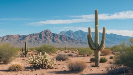 Desert landscape with cacti and mountains under blue sky featuring copy space for text insertion