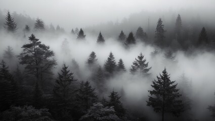 Misty forest landscape with dense trees and fog creating an atmospheric scene with copy space for text