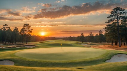 Golf course landscape at sunset with vibrant sky and flag on the green surrounded by trees and sand traps Copy Space