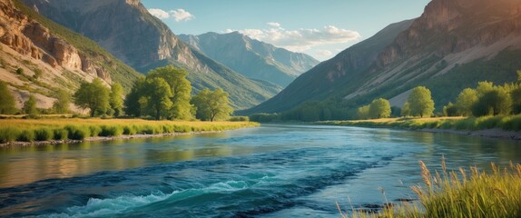 Fototapeta premium Scenic river flowing through a lush green valley surrounded by mountains under a clear sky with soft sunlight Copy Space