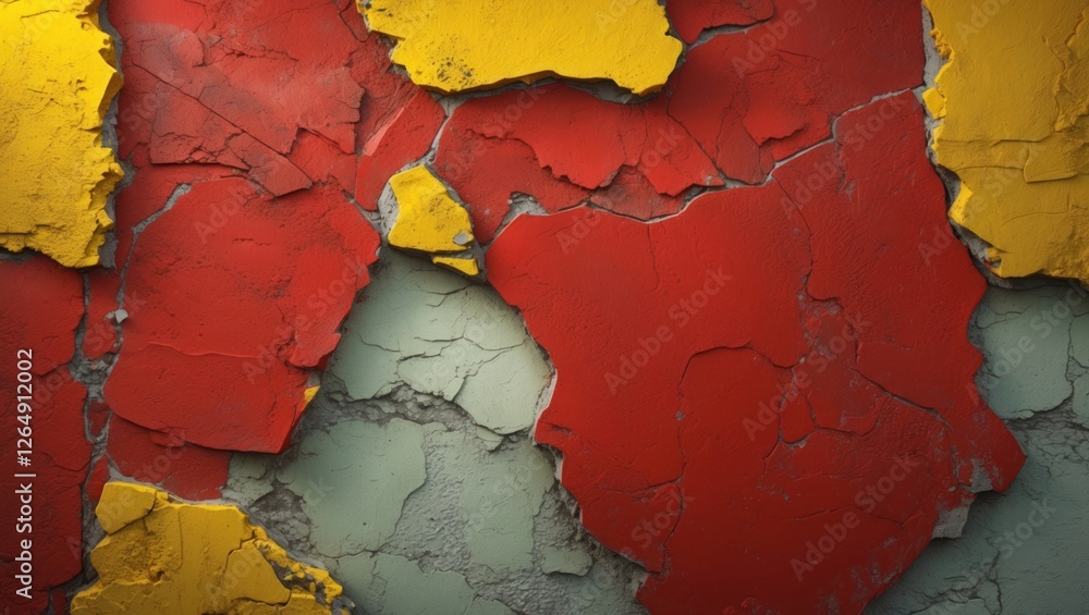 Aufkleber colorful cracked paint texture on wall in red yellow and green tones with visible layers and damaged
