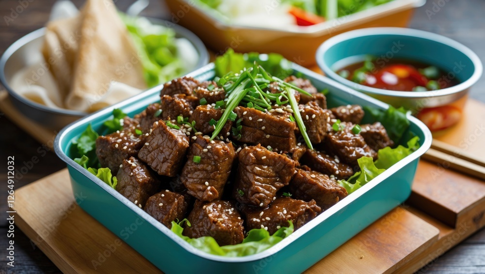 Poster beef chunks garnished with scallions served on a bed of lettuce in a teal container on a wooden surf