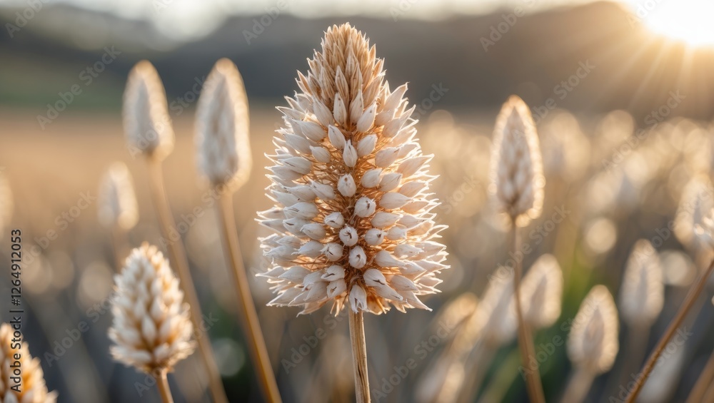 Poster close-up of wildflower in golden hour with sunlight illuminating delicate petals and soft blurred ba