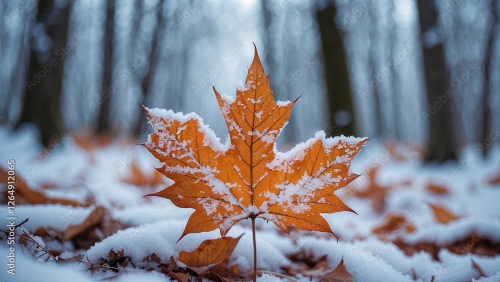 Poster Autumn leaf covered in snow in a winter forest setting with blurred background and Copy Space