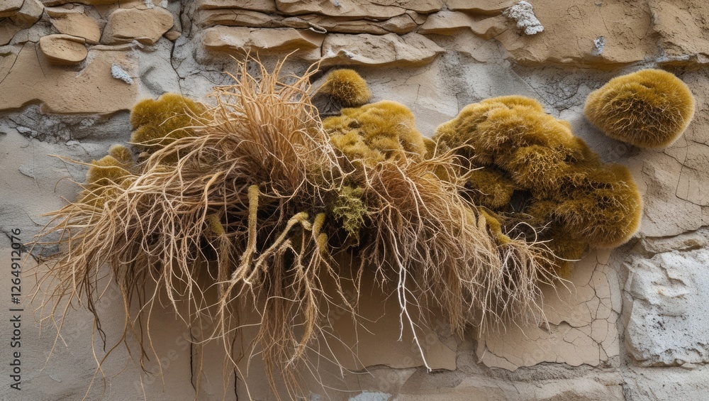Poster textured wall with moss and dry vegetation showcasing intricate natural patterns and colors, suitabl