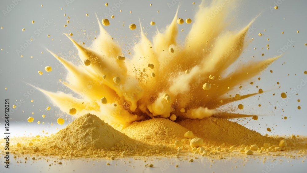 Aufkleber yellow powder explosion on white background creating dynamic splashes and dust particles with ample 