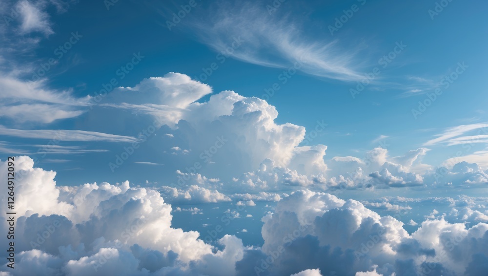 Aufkleber Blue sky with fluffy white clouds on a sunny day featuring various cloud formations and ample copy space for text placement