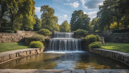 Naklejka premium Waterfall cascade in a landscaped park with greenery and blue sky, tranquil setting with reflection in pond and ample Copy Space