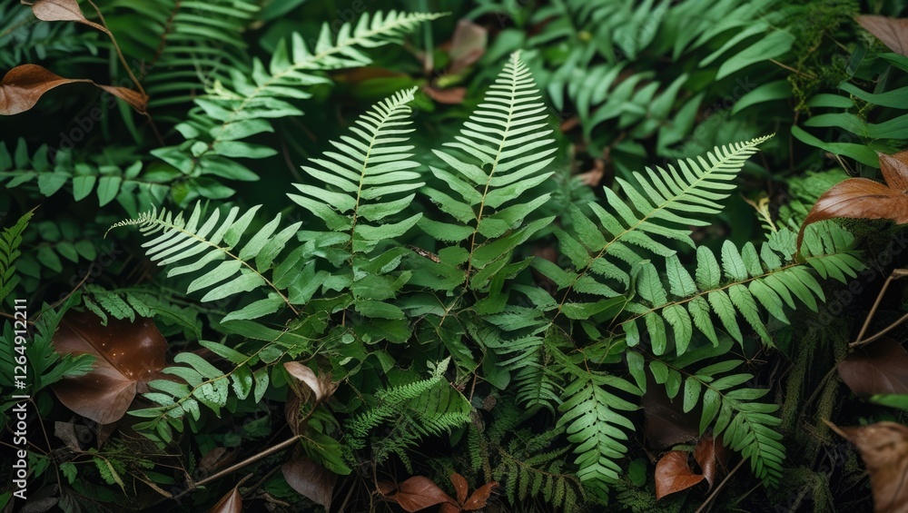 Poster close-up of lush green ferns on forest floor surrounded by leaves with natural lighting and copy spa