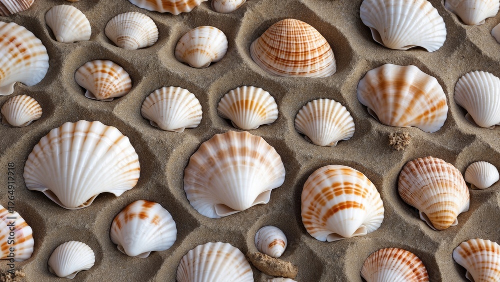 Aufkleber Collection of various seashells on sandy beach surface showcasing different sizes and patterns with room for text. Copy Space