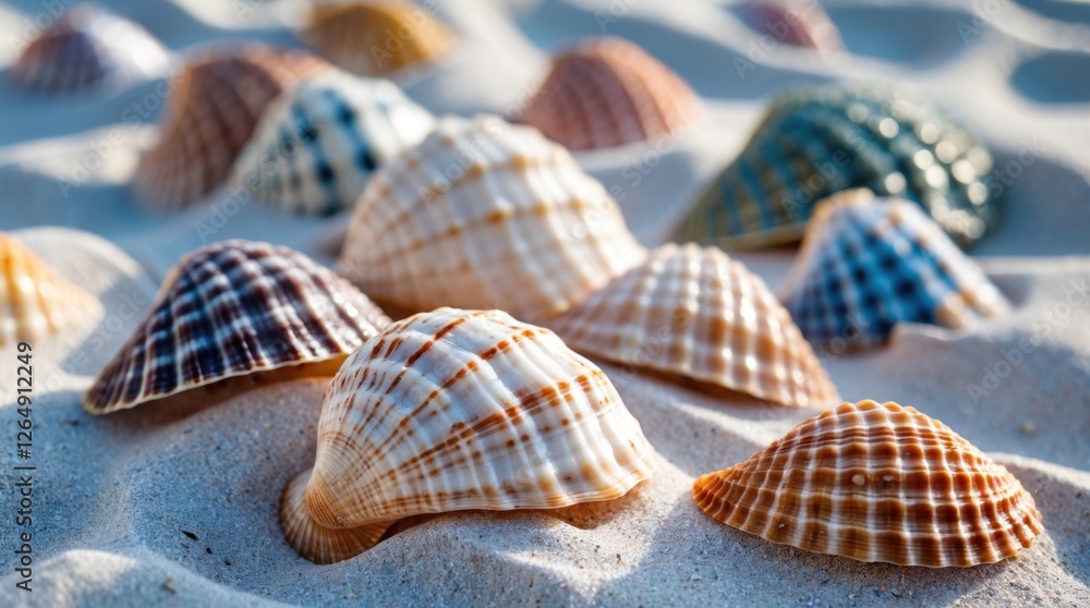 Poster colorful seashells scattered on sandy beach with shallow depth of field sunlight illumination copy s