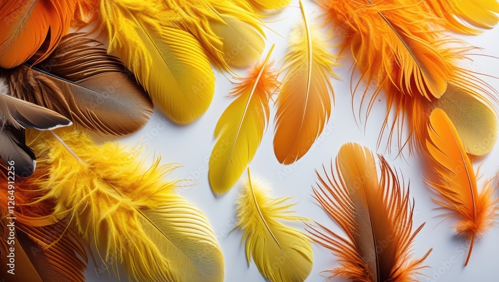Poster colorful assortment of yellow orange and brown feathers arranged on a white background with copy spa