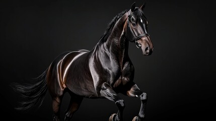 Majestic Black Horse in Dynamic Pose Against Dark Background for Equine Photography Enthusiasts