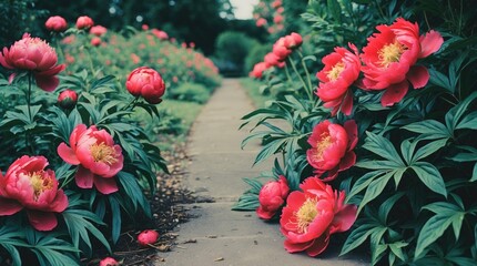 Vibrant pink peonies lining a garden pathway with lush green foliage and soft focus background Copy Space