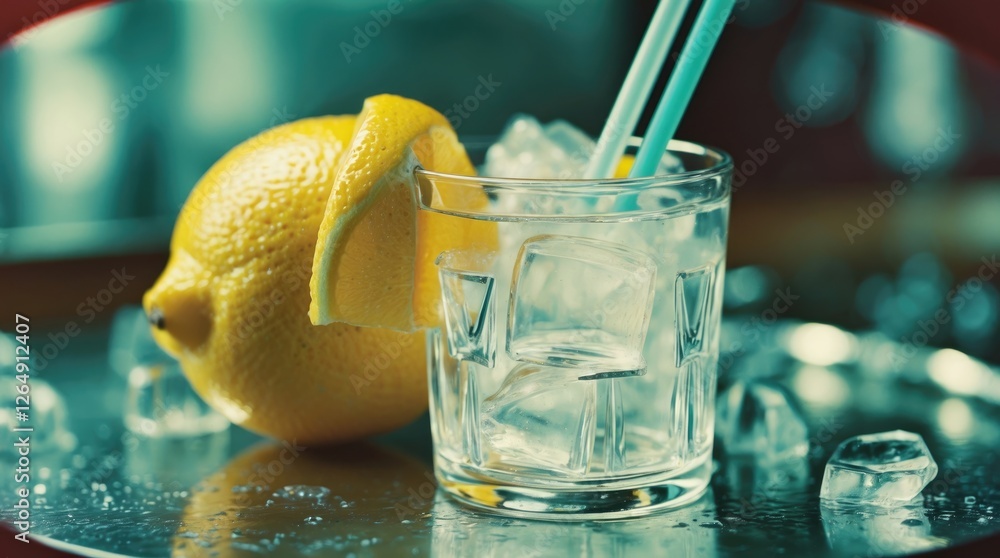 Poster glass of ice with lemon slice and straws on a reflective surface with scattered ice cubes copy space