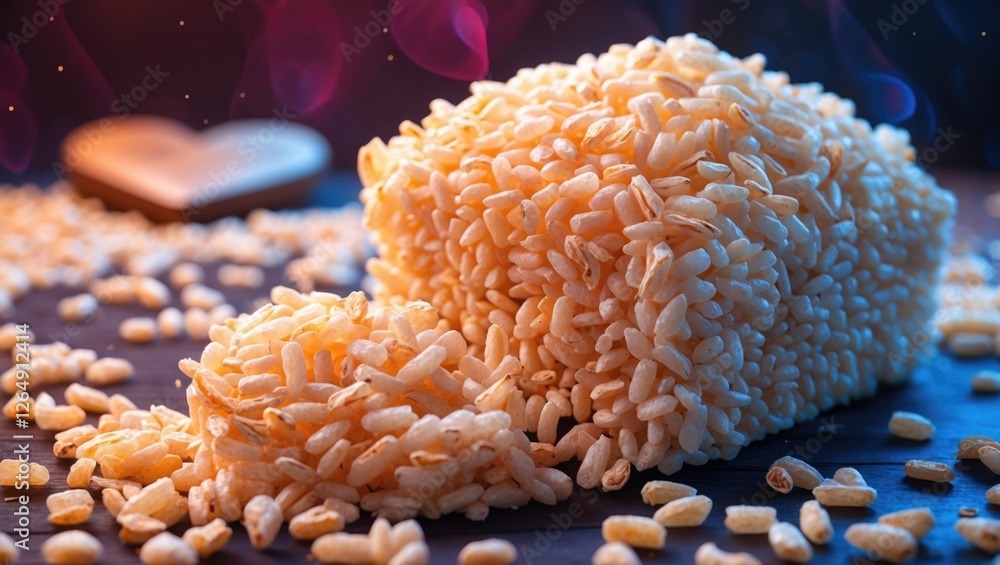 Aufkleber Puffed rice pile on dark background with scattered grains and soft lighting creating a colorful abstract effect Copy Space