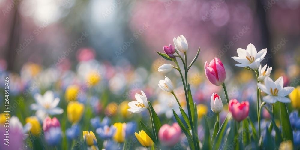 Poster colorful spring flower field with tulips and white flowers in soft focus background blooming in sunl